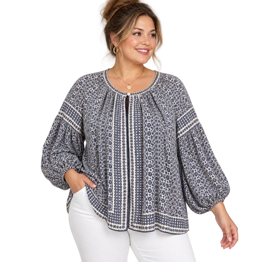 Max Studio Blouse Women 1X Blue Floral Medallion Boho Balloon Sleeve Peasant Top